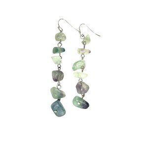 Natural Fluorite Gemstone Dangle Earrings With Silver Hook Boho Artisan Beachy